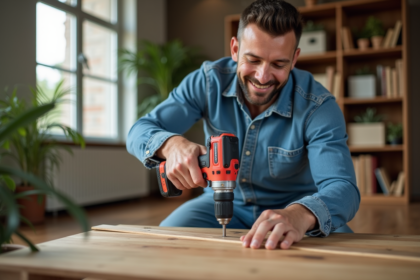 Homme d'âge moyen utilisant une perceuse sans fil pour monter une étagère en bois