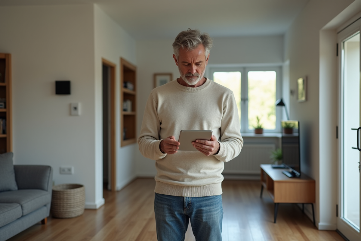 Homme d'âge moyen utilisant une tablette dans un salon moderne