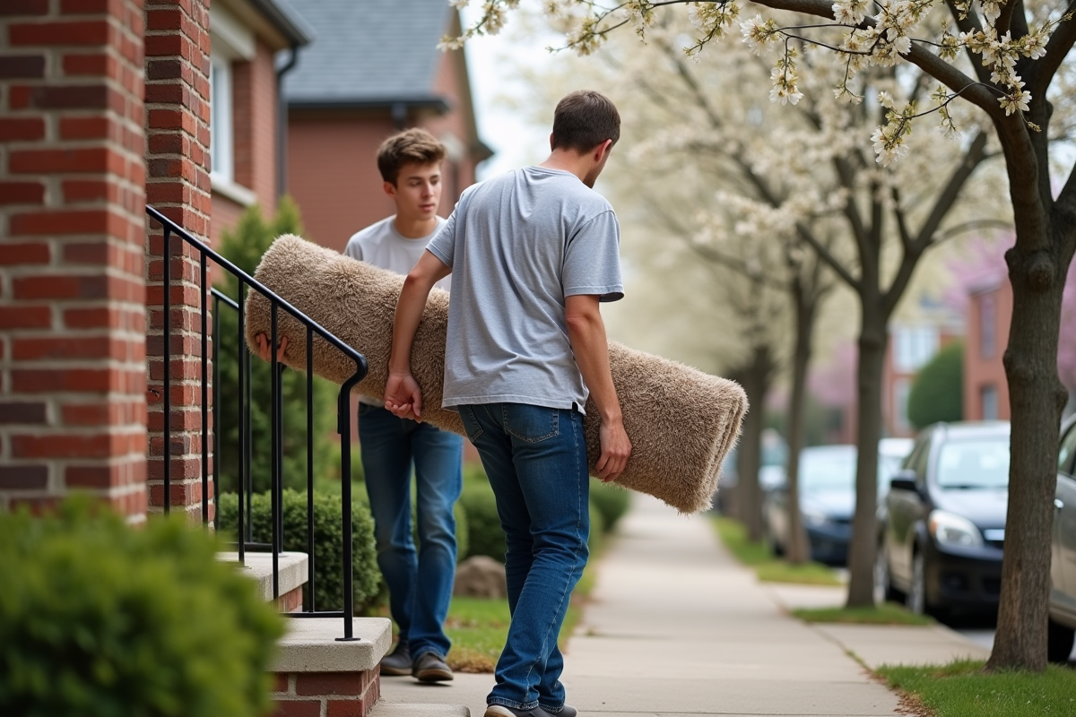 Homme et adolescent portant un tapis dans une rue résidentielle