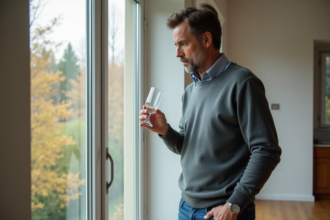 Homme d'âge moyen examinant un verre avec concentration