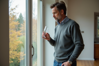 Homme d'âge moyen examinant un verre avec concentration