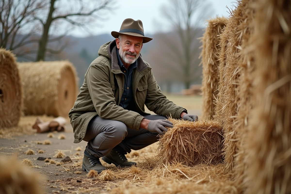 Homme construisant un mur en paille dans un paysage rural