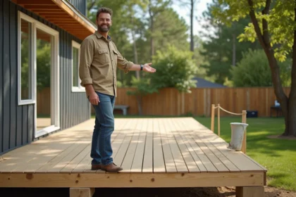 Homme souriant sur une terrasse en bois dans un jardin