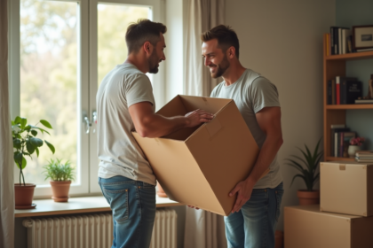 Homme d'âge moyen soulevant une box dans un salon lumineux