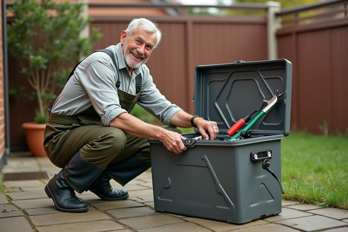Homme âgé rangeant un coffre à outils dans un patio