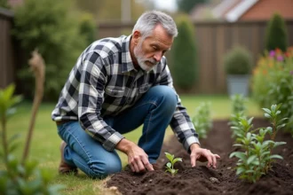 Homme d'âge moyen inspectant la terre dans un jardin familial