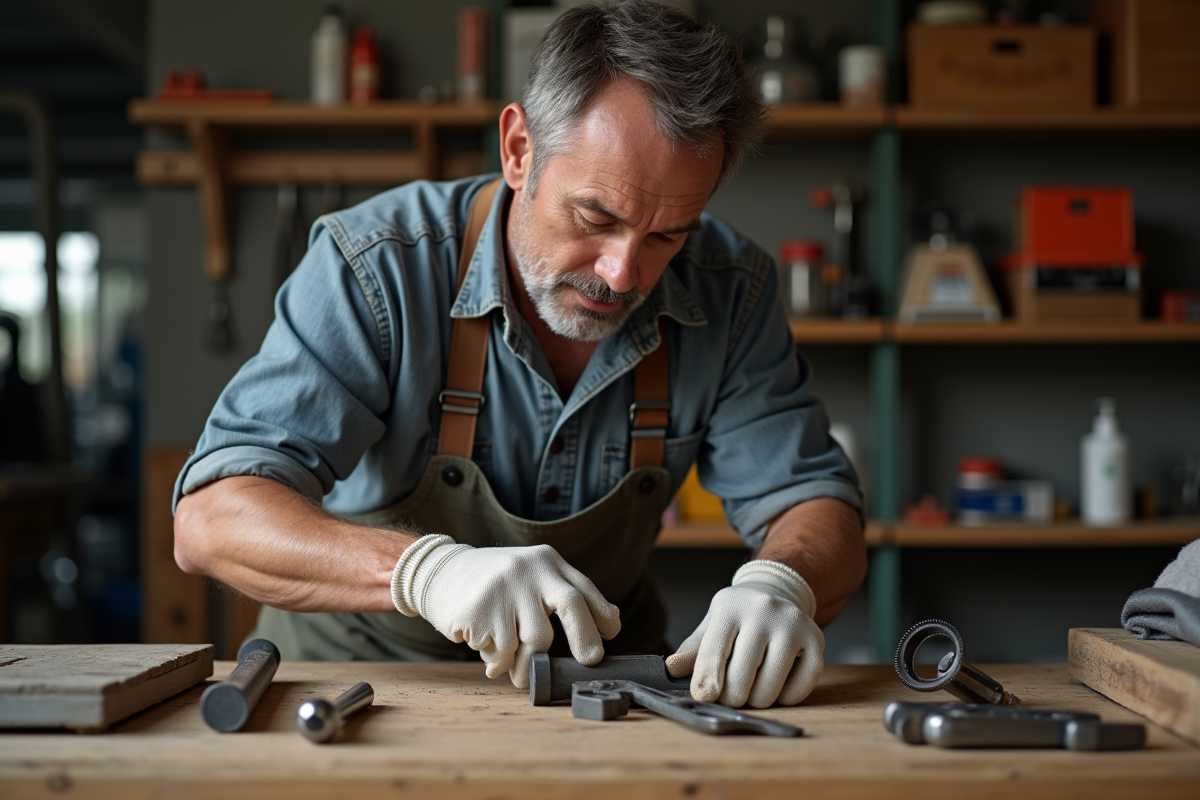 Homme d'âge moyen nettoyant des outils à la main dans un atelier organisé
