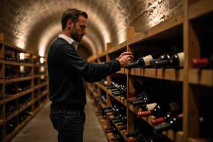 Homme en sweater organise bouteilles de vin dans une cave en pierre