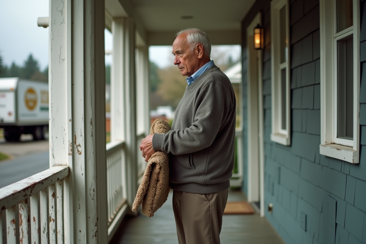 Homme âgé sur le pas de la maison avec camion de déménagement en arrière-plan