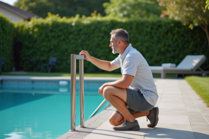 Homme en polo et shorts verrouillant la porte de piscine