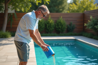 Homme en été versant traitement dans la piscine