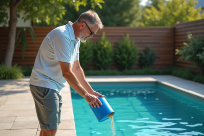 Homme en été versant traitement dans la piscine