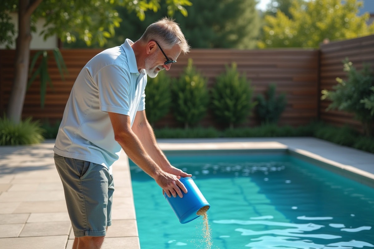 Homme en été versant traitement dans la piscine