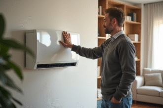 Homme d'âge moyen près d'un échangeur d'air moderne dans un salon