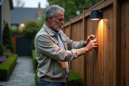 Homme d'âge moyen vérifiant un projecteur LED extérieur dans le jardin