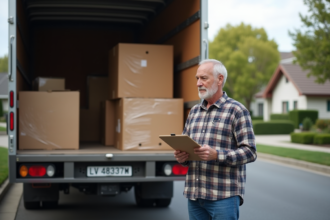 Homme d'âge moyen vérifiant un camion de déménagement
