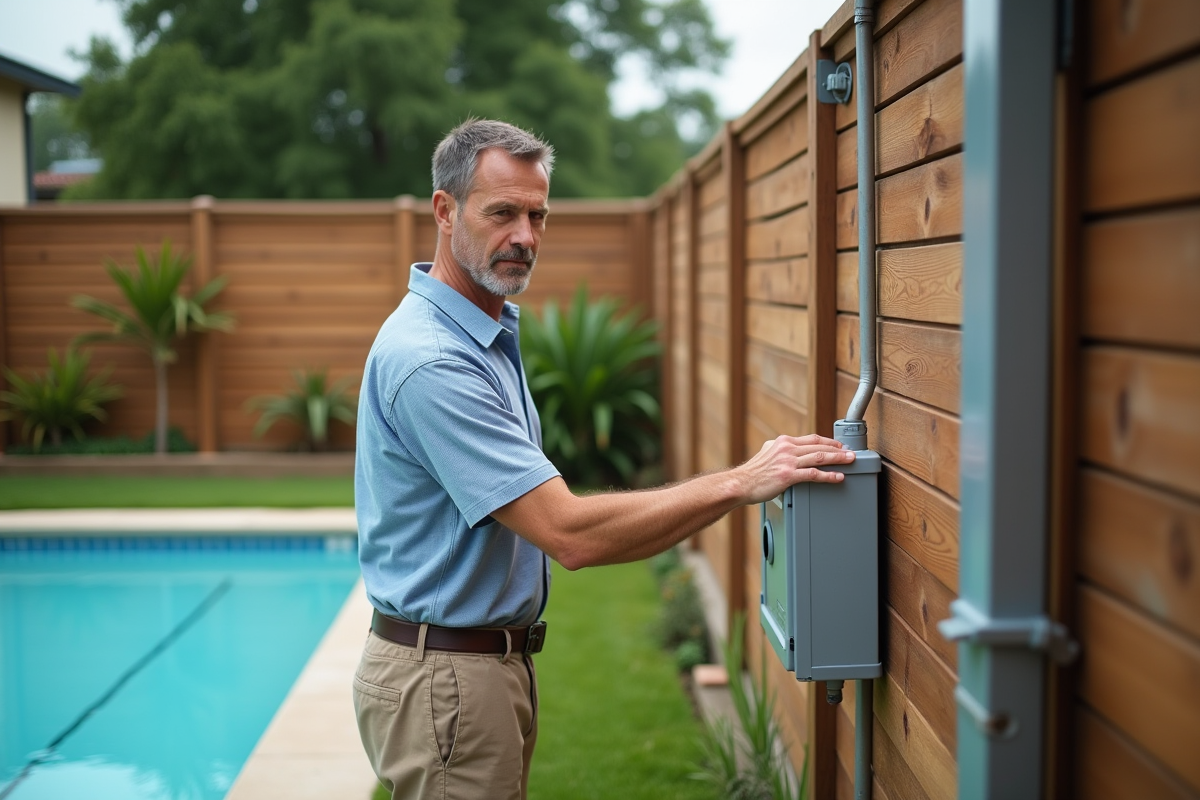 Homme vérifiant une boite électrique étanche près de la piscine