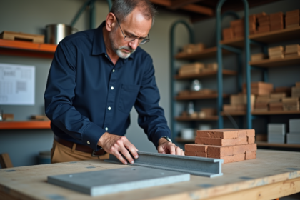 Ingénieur civil examine matériaux de construction sur une table