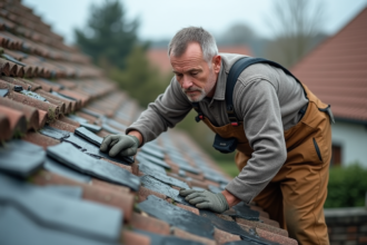 Homme en salopette inspectant des tuiles en ardoise sur un toit