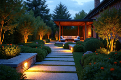 Jardin moderne en soirée avec éclairage LED chaleureux