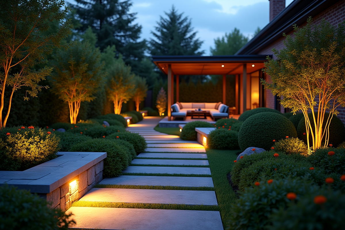 Jardin moderne en soirée avec éclairage LED chaleureux