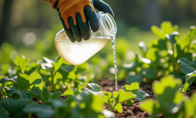 Personne versant un mélange maison contre mauvaises herbes dans un jardin