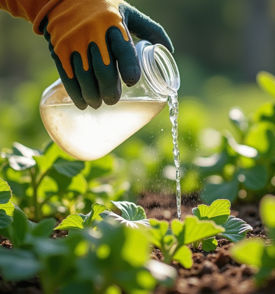 Personne versant un mélange maison contre mauvaises herbes dans un jardin