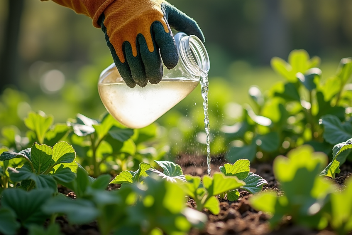 Personne versant un mélange maison contre mauvaises herbes dans un jardin