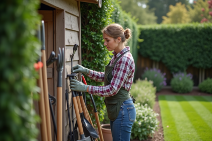 Femme d'âge moyen arrangeant des outils de jardin dans un abri