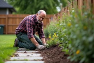 Homme moyenâgeux en jardin plantant des arbustes dans un jardin moderne