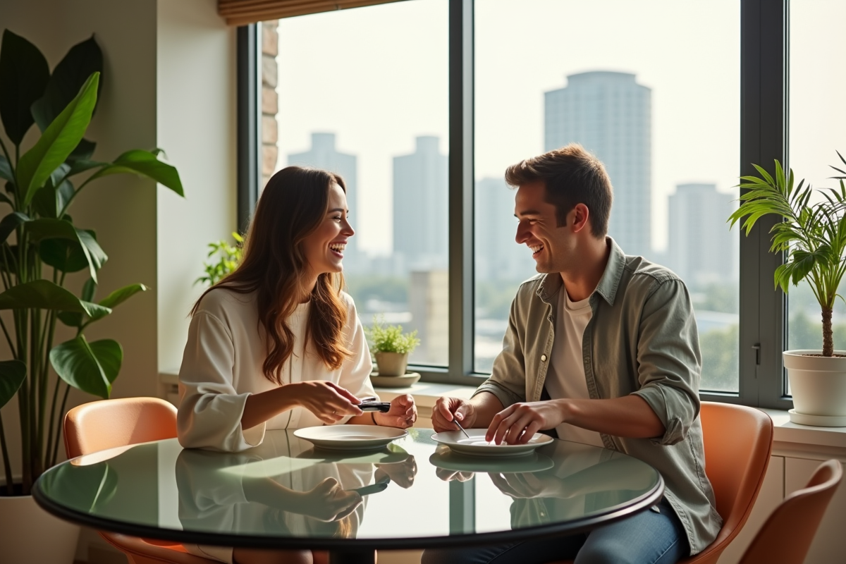 Jeune couple riant en préparant le repas dans un appartement lumineux