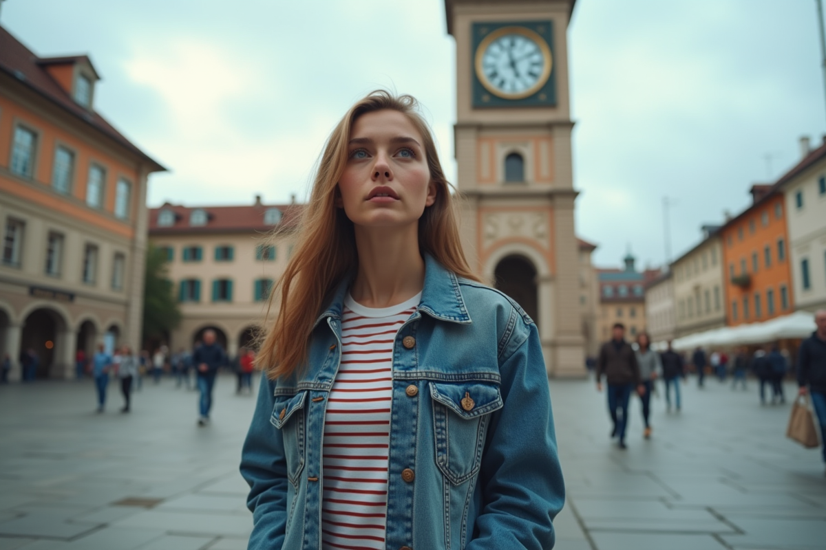 Jeune femme contemplant une grande horloge en ville animée