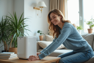 Jeune femme posant un purificateur d'air dans un appartement cosy