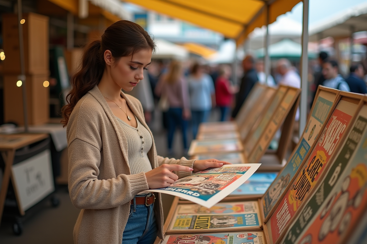 Jeune femme comparant deux posters vintage au marché aux puces