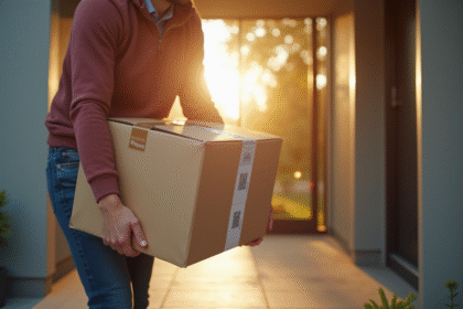 Livreur dépose un colis fragile sur une porte moderne en plein jour