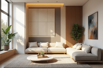 Coupe transversale d'un mur partagé moderne entre deux salons lumineux