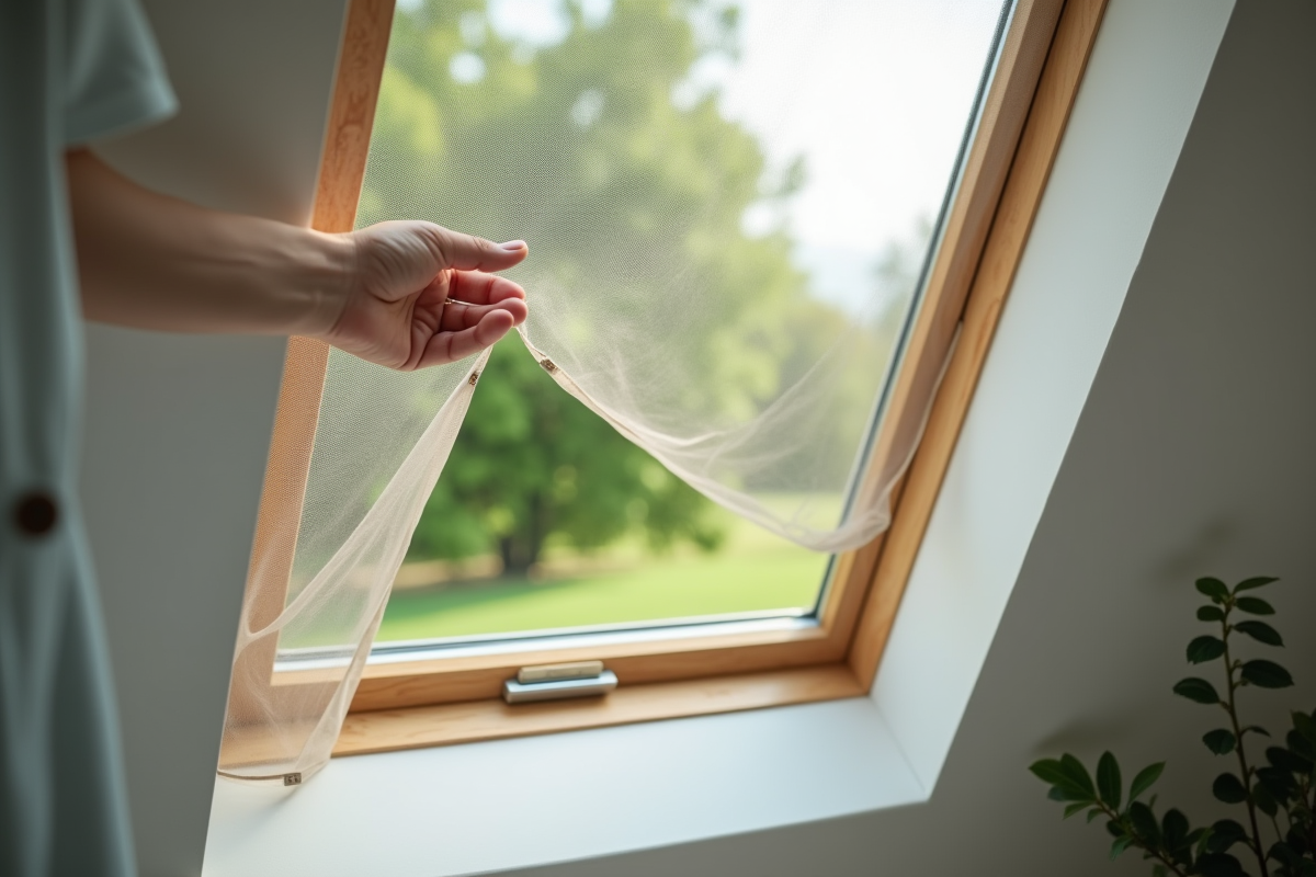 Main ouvrant une fenêtre de toit avec moustiquaire dans un jardin