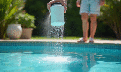 Personne verse du bicarbonate dans une piscine d'été brillante