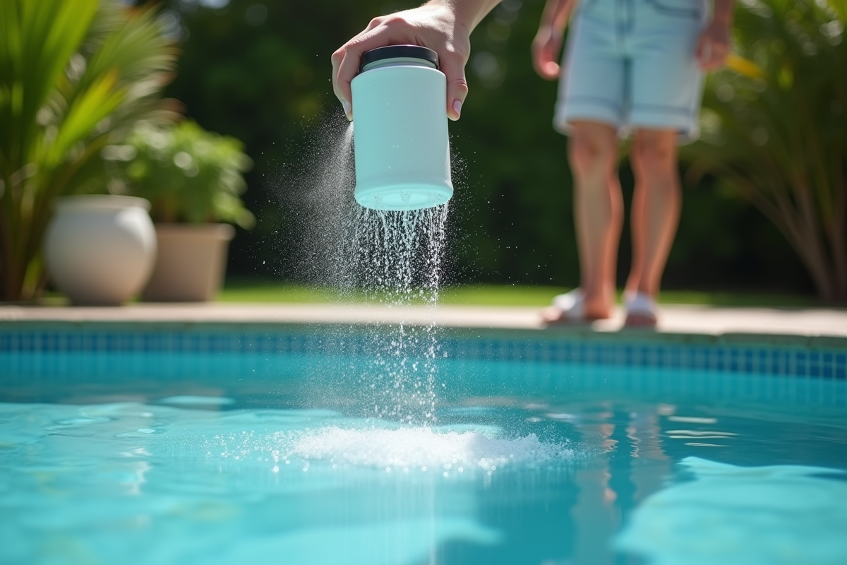 Personne verse du bicarbonate dans une piscine d'été brillante