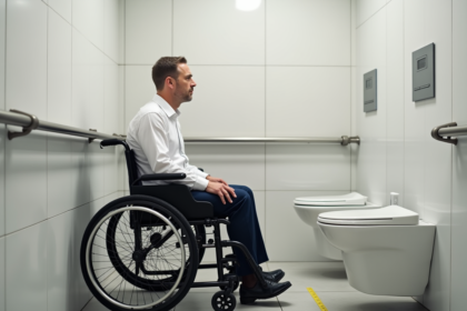 Homme en fauteuil près d'une toilette accessible moderne