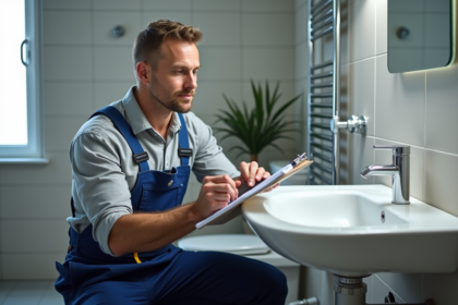 Plombier homme en salle de bain moderne avec outils