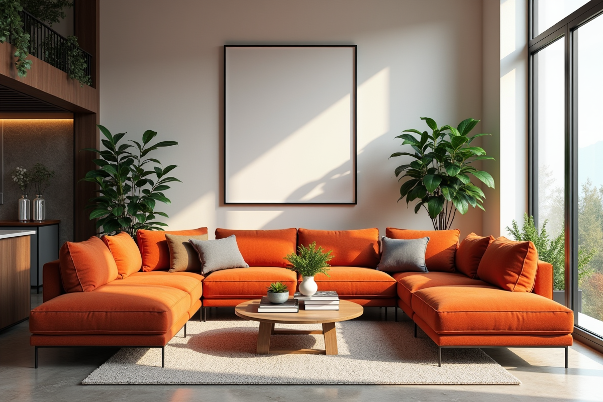 Salon moderne avec mobilier aux couleurs vives et plantes vertes